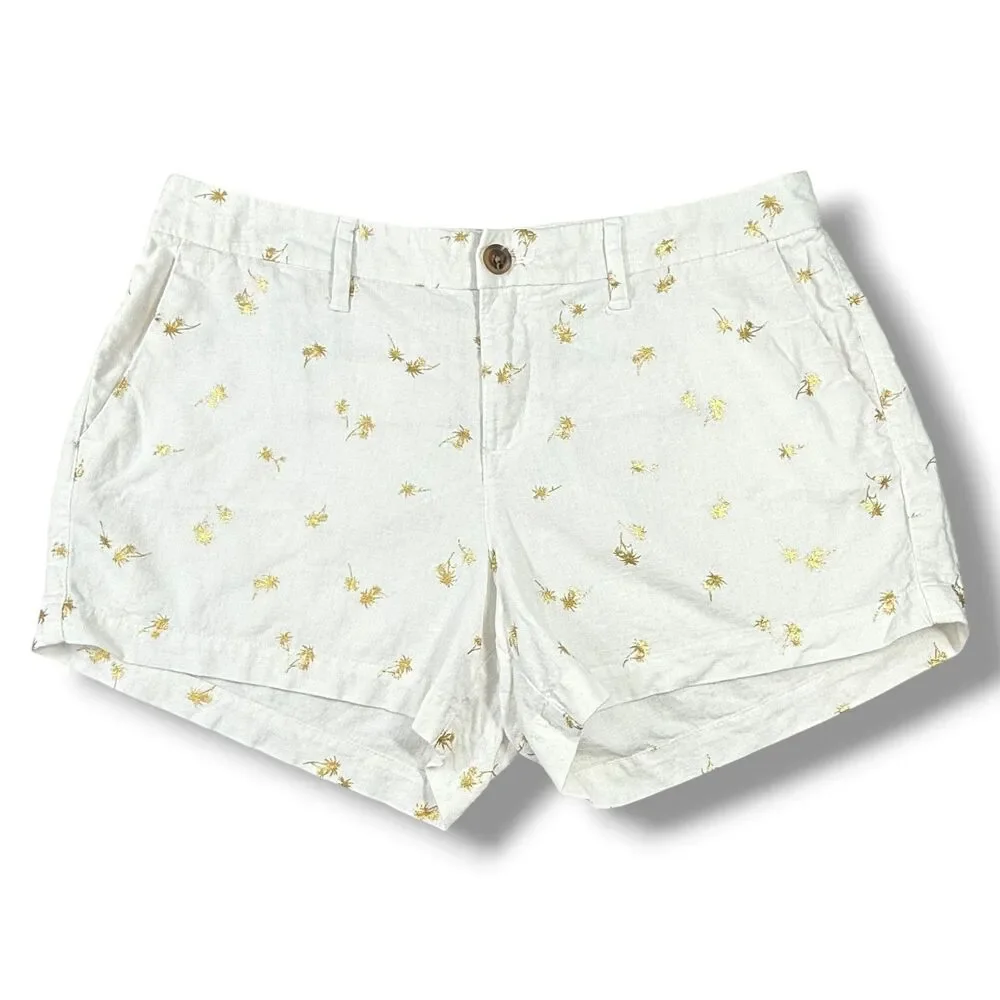 Old Navy White Linen Shorts Metallic Gold Palm Tree Print Womens Size 4 Coastal